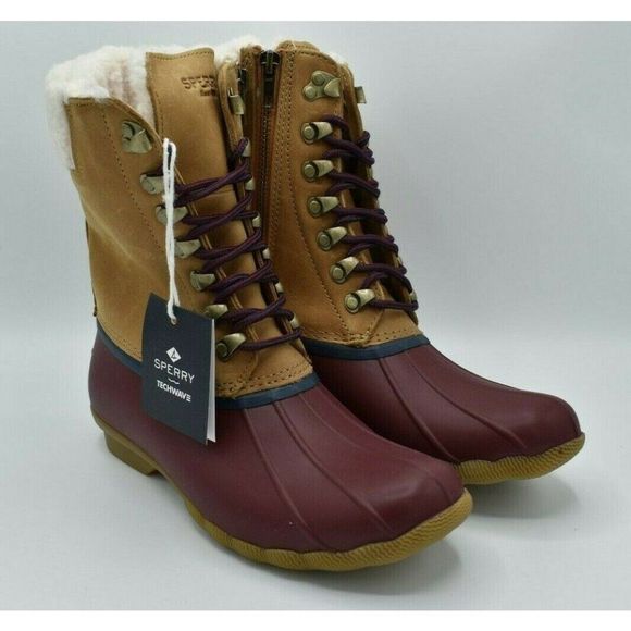 NWB Sperry Womens Size 7 M Saltwater Tall Leather Cozy Tan Duck Boots STS85401 - Picture 2 of 11